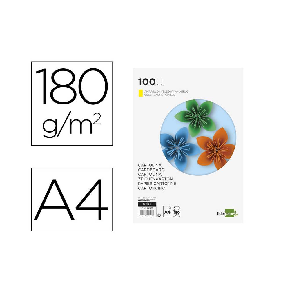 Cartulina liderpapel a4 180g/m2 amarillo paquete de 100 hojas