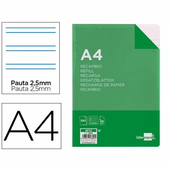 Recambio liderpapel folio 100 hojas 60g/m2 pauta 5ª 2.5mm con margen 16 taladros