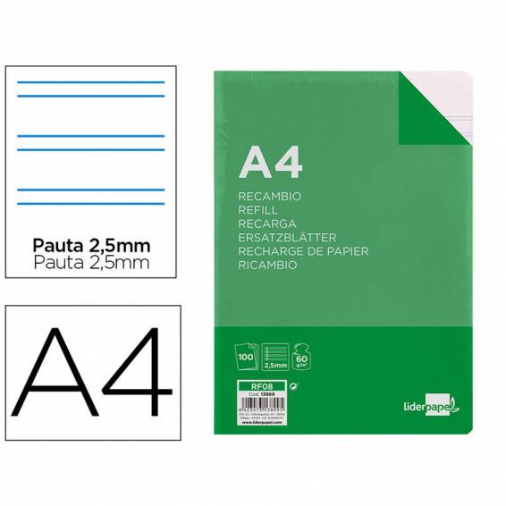 Recambio liderpapel a4 100 hojas 60g/m2 pauta 5ª 2.5mm con margen 4 taladros