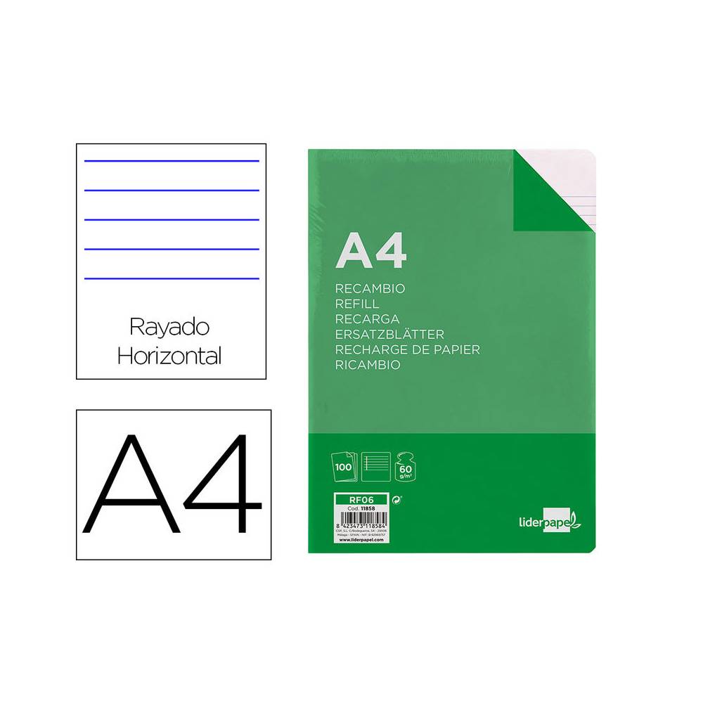 Recambio liderpapel a4 100 hojas 60g/m2 horizontal con margen 4 taladros