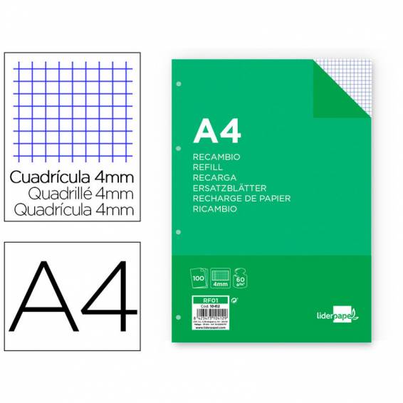 Recambio liderpapel a4 100 hojas 60g/m2 cuadro 4 mm con margen 4 taladros