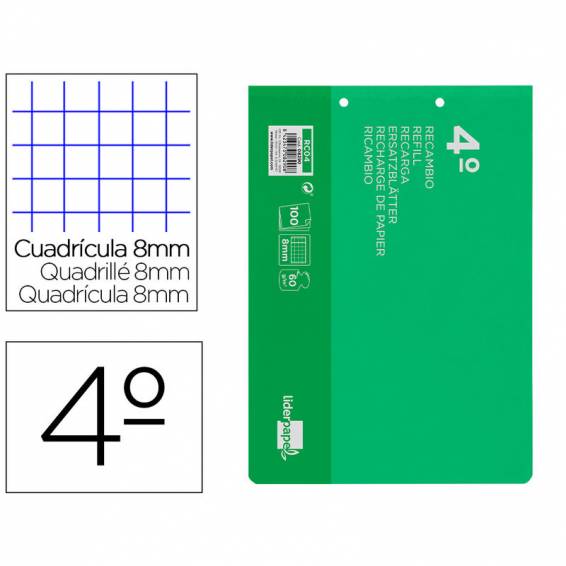 Recambio liderpapel cuarto apaisado 100 h 2tca-08 cuadro 8 mm 2 taladros con margen