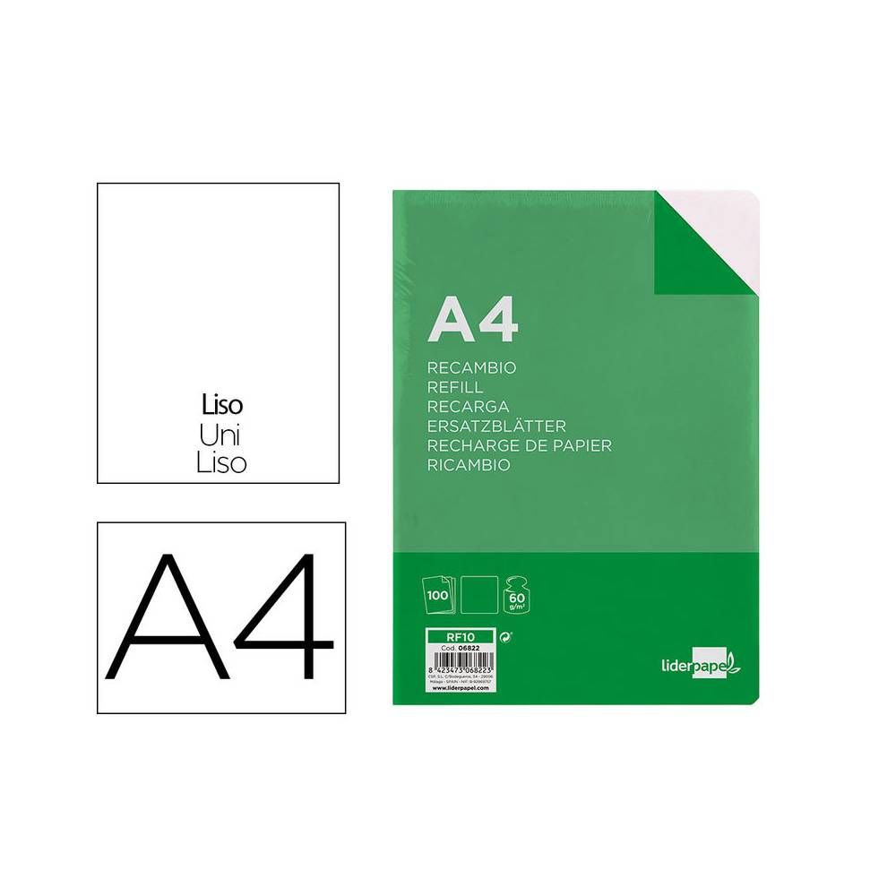 Recambio liderpapel a4 100 hojas 60g/m2 liso sin margen 4 taladros