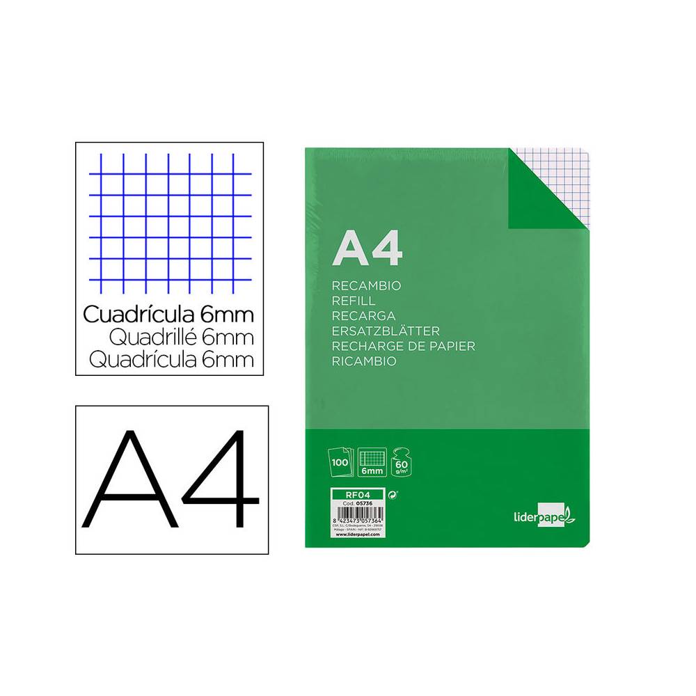 Recambio liderpapel a4 100 hojas 60g/m2 cuadro 6 mm 4 taladros con margen