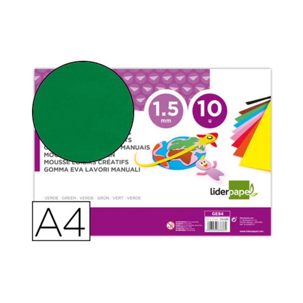 Goma eva liderpapel din a4 60g/m2 espesor 1,5mm verde paquete de 10 hojas