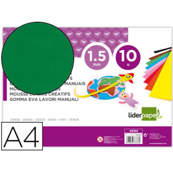 Goma eva liderpapel din a4 60g/m2 espesor 1,5mm verde paquete de 10 hojas