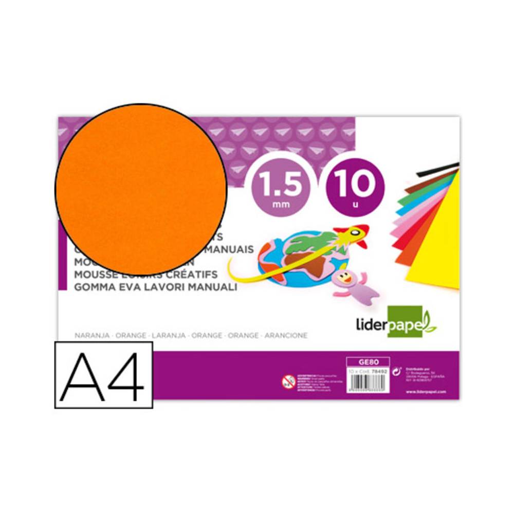 Goma eva liderpapel din a4 60g/m2 espesor 1,5mm naranja paquete de 10 hojas