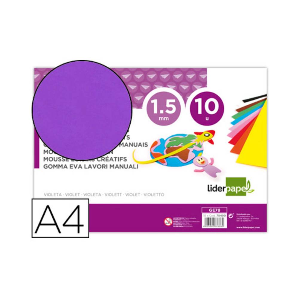 Goma eva liderpapel din a4 60g/m2 espesor 1,5mm violeta paquete de 10 hojas