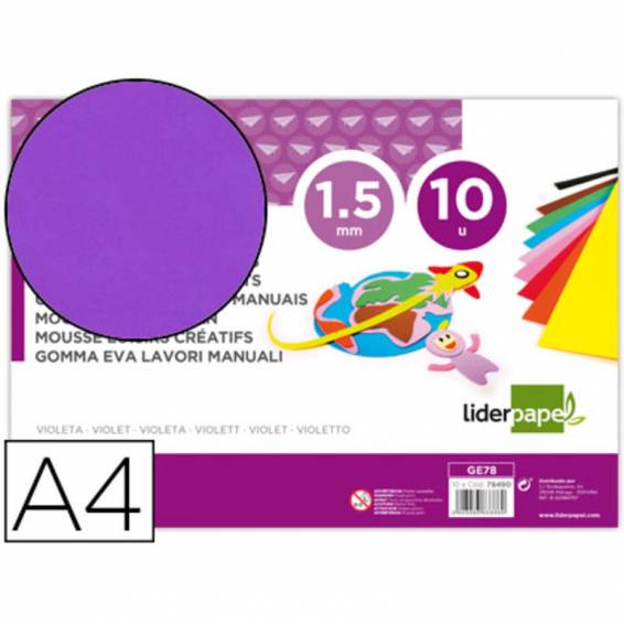 Goma eva liderpapel din a4 60g/m2 espesor 1,5mm violeta paquete de 10 hojas