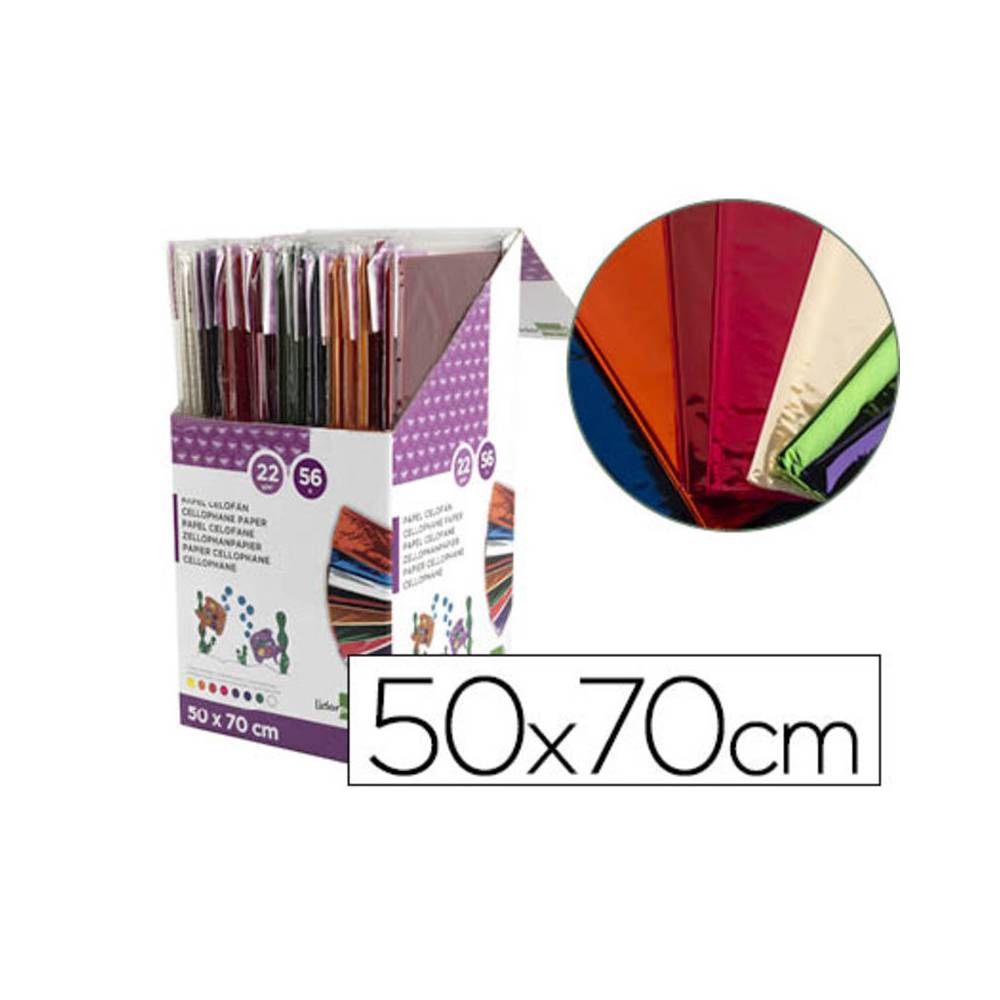 Papel celofan liderpapel 50x70 cm expositor de 56 bolsas de 5 hojas 8 colores surtidos