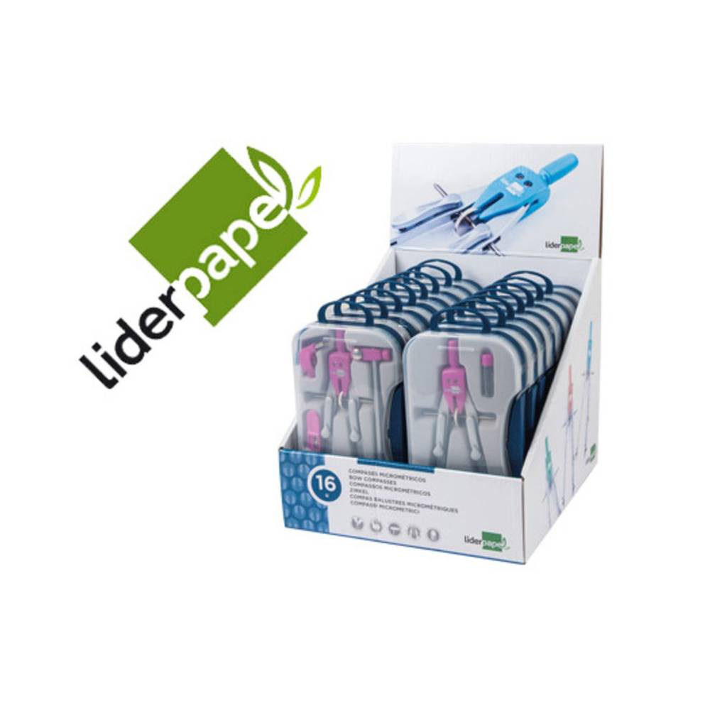 Compas liderpapel con adapatador alargadera y mango extra soft expositor de 16 estuches 2 modelos