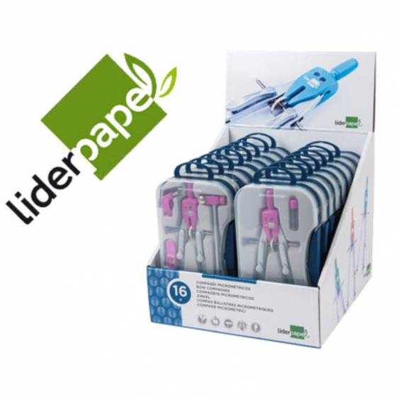 Compas liderpapel con adapatador alargadera y mango extra soft expositor de 16 estuches 2 modelos