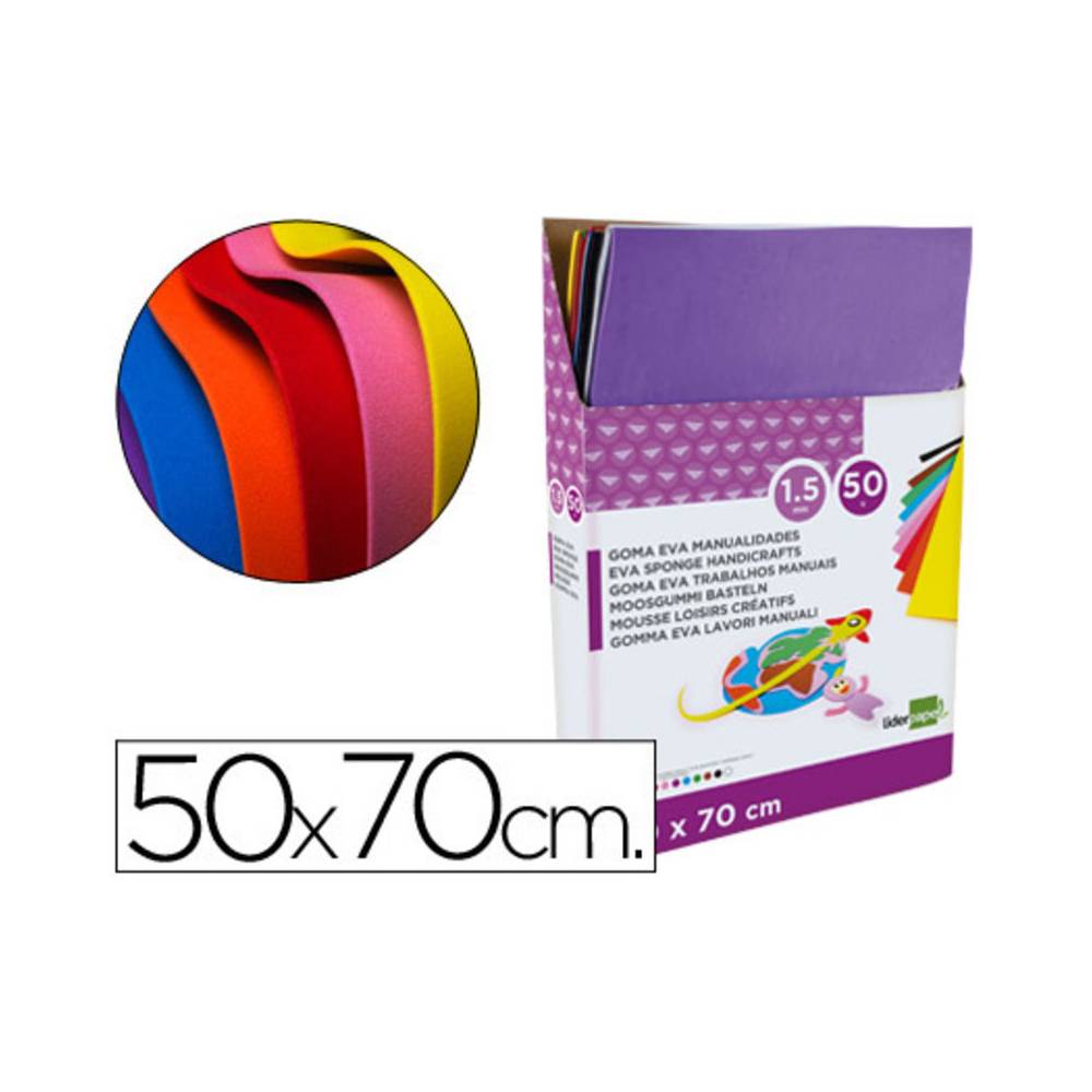 Goma eva liderpapel expositor de 50 planchasx10 colores surtidos 50x70 cm 1,5 mm espesor