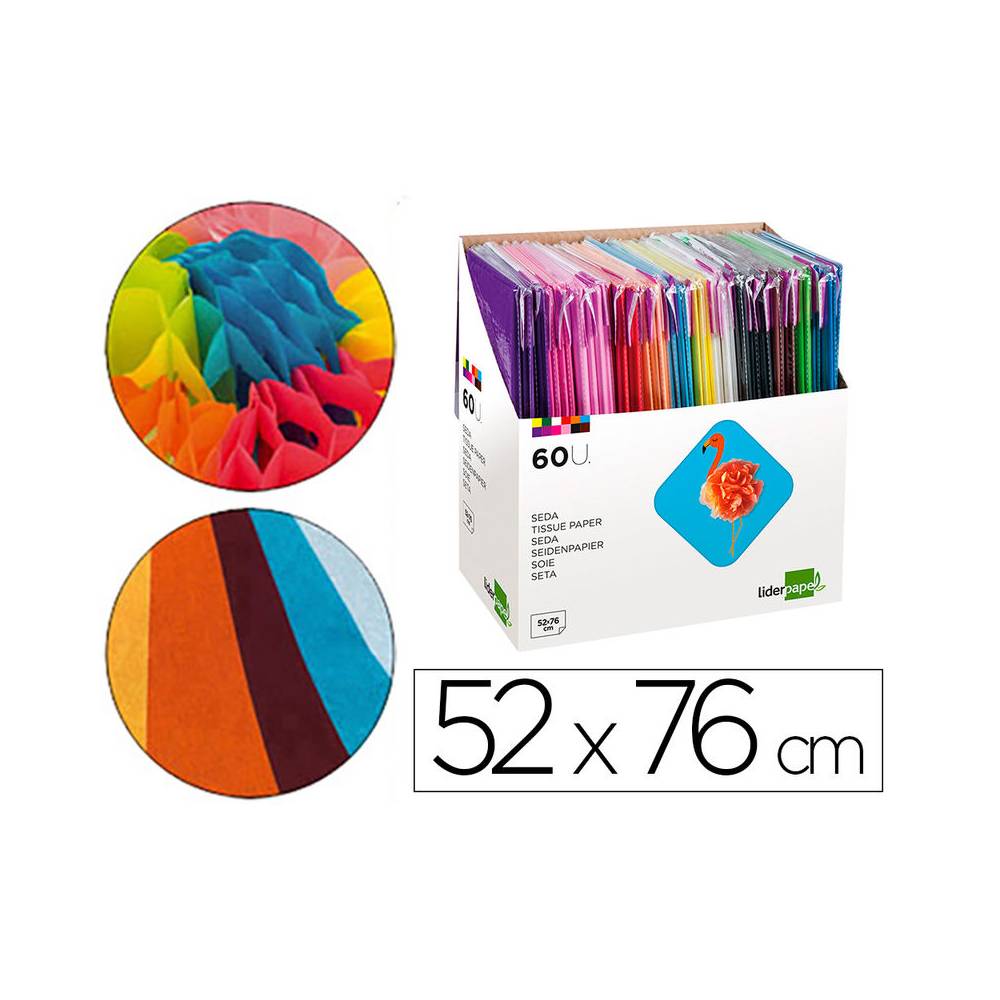 Papel seda liderpapel 52x76 cm expositor 60 bolsas de 5 hojas 12 colores surtidos