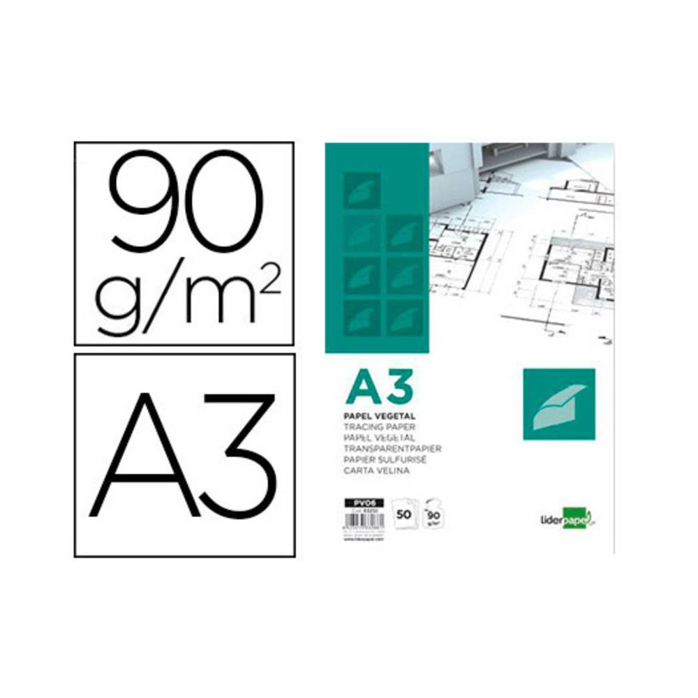 Bloc papel vegetal liderpapel encolado 297x420mm 50 hojas 90 g/m2