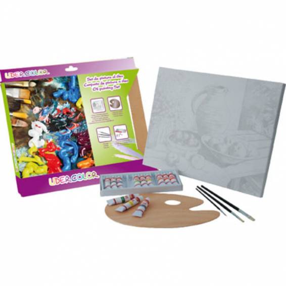 Set pintura al oleo lidercolor contiene 1 lienzo imprimacion 30x40cm 1 paleta madera 3 brochas tubos 12x12ml oleo