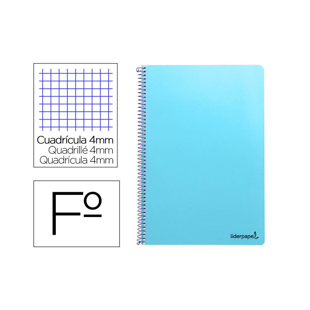 Cuaderno espiral liderpapel folio smart tapa blanda 80h 60gr cuadro 4mm con margen color celeste