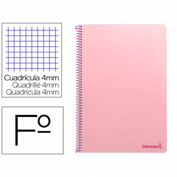 Cuaderno espiral liderpapel folio smart tapa blanda 80h 60gr cuadro 4mm con margen color rosa