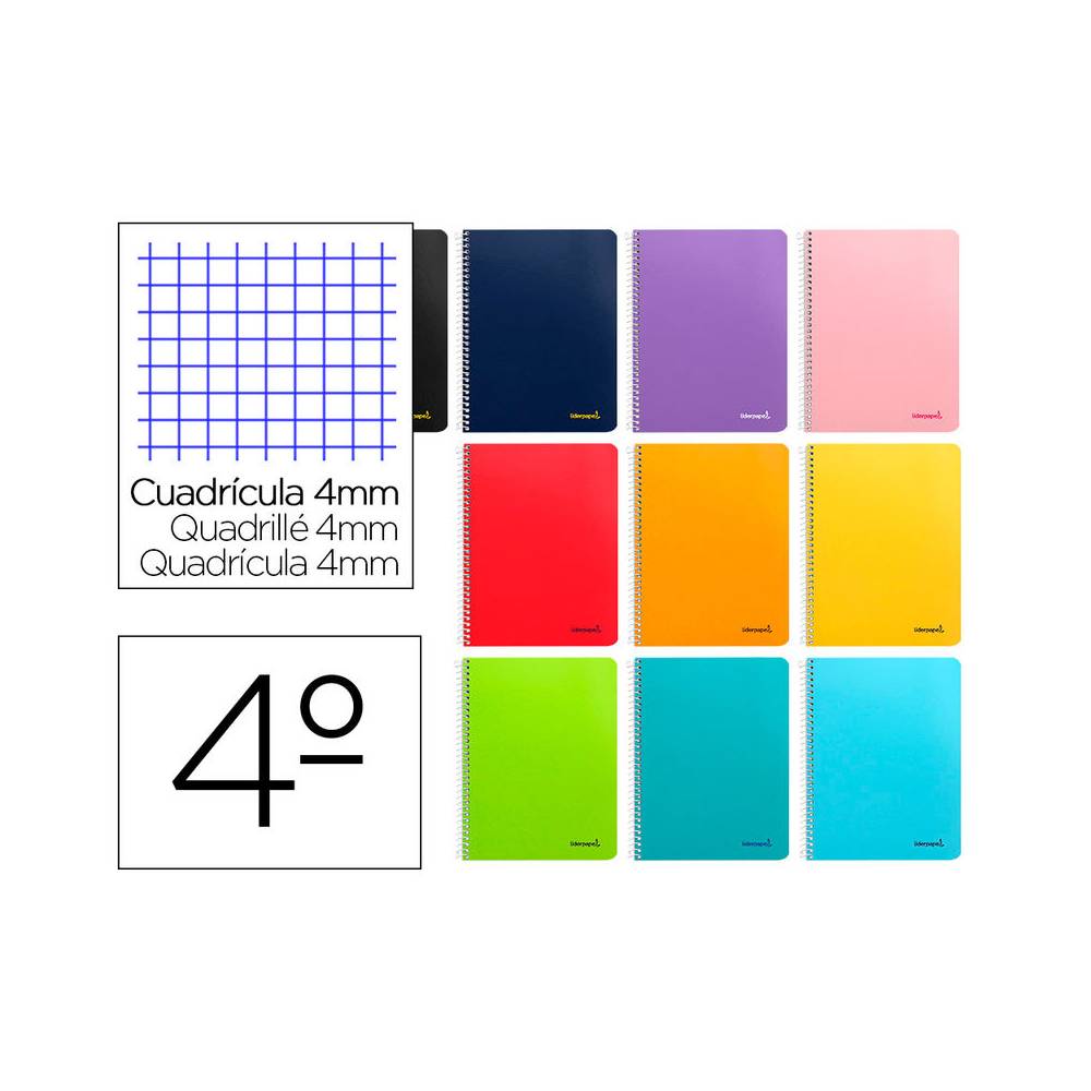 Cuaderno espiral liderpapel cuarto smart tapa blanda 80h 60gr cuadro 4mm con margen colores surtidos