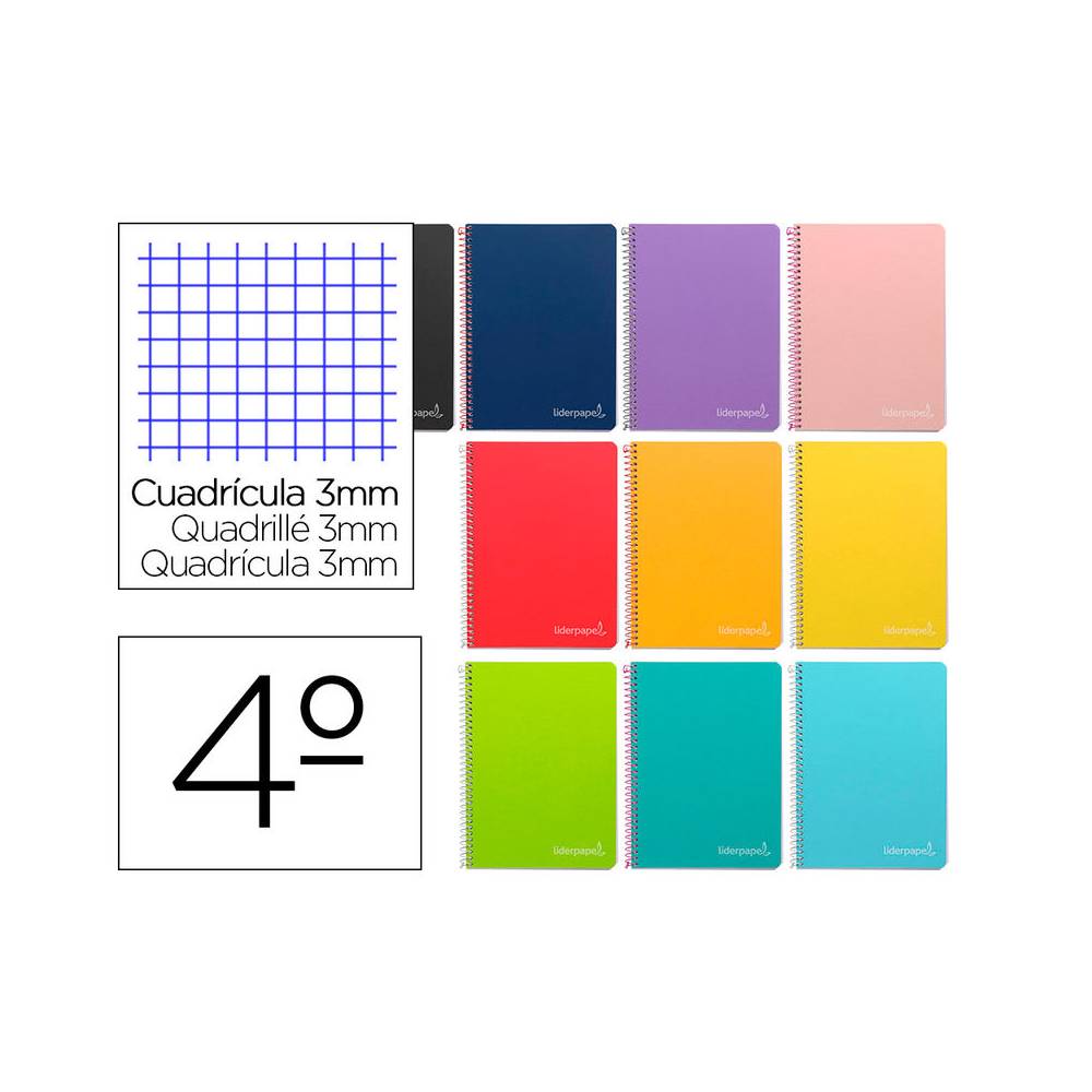 Cuaderno espiral liderpapel cuarto witty tapa dura 80h 75gr cuadro 3mm con margen colores surtidos