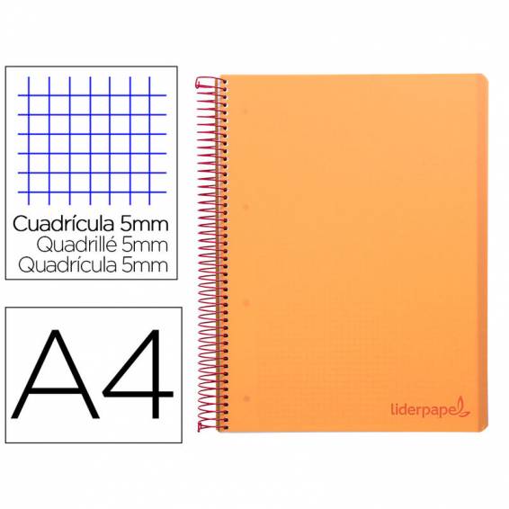 Cuaderno espiral liderpapel a4 micro wonder tapa plastico 120h 90 gr cuadro 5 mm 5 banda4 taladros color naranja