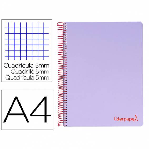 Cuaderno espiral liderpapel a4 micro wonder tapa plastico 120h 90 gr cuadro 5 mm 5 banda4 taladros color lila