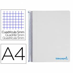 Cuaderno espiral liderpapel a4 micro wonder tapa plastico 120h 90 gr cuadro 5 mm 5 bandas 4 taladros color gris