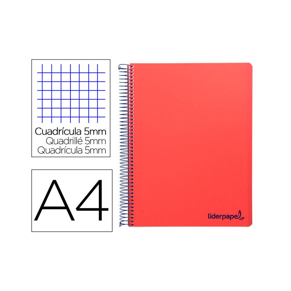 Cuaderno espiral liderpapel a4 micro wonder tapa plastico 120h 90 gr cuadro 5 mm 5 bandas 4 taladros color rojo