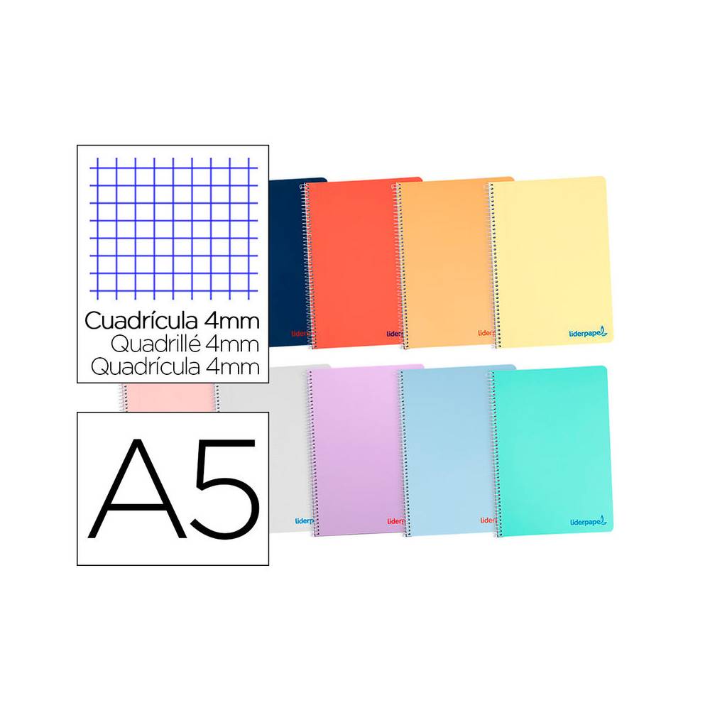 Cuaderno espiral liderpapel a5 wonder tapa plastico 80h 90g cuadro 4mm con margen colores surtidos