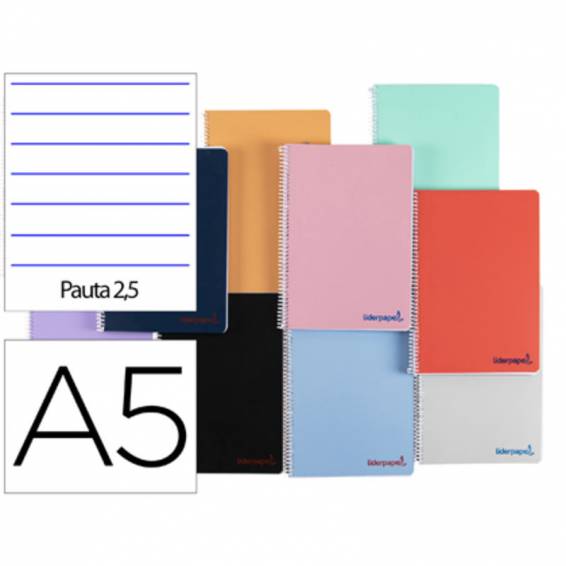 Cuaderno espiral liderpapel a5 wonder tapa plastico 80h 90g pauta estrecha 2,5mm con margen colores surtidos