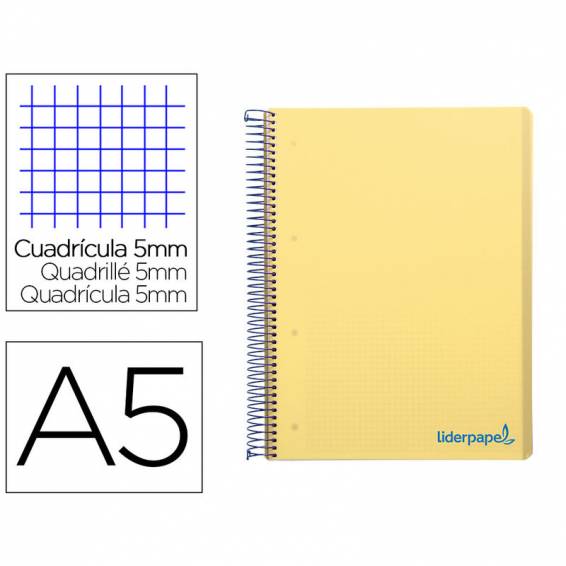 Cuaderno espiral liderpapel a5 micro wonder tapa plastico 120h 90g cuadro 5mm 5 bandas 6 taladros color amarillo