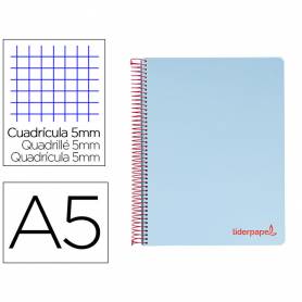 Cuaderno espiral liderpapel a5 micro wonder tapa plastico 120h 90g cuadro 5mm 5 bandas 6 taladros color celeste