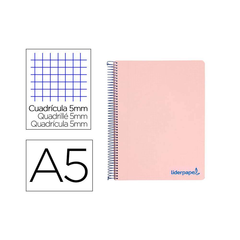 Cuaderno espiral liderpapel a5 micro wonder tapa plastico 120h 90g cuadro 5mm 5 bandas 6 taladros color rosa