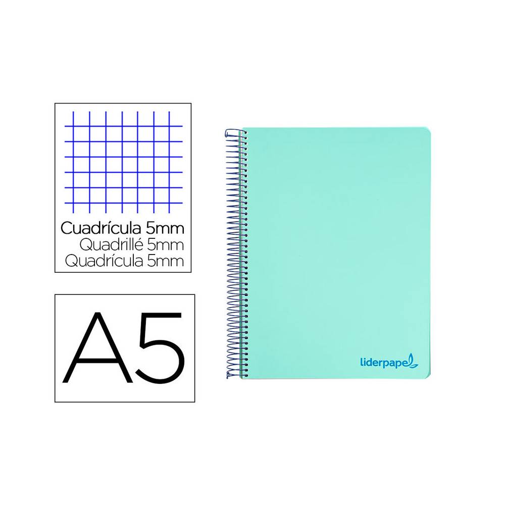 Cuaderno espiral liderpapel a5 micro wonder tapa plastico 120h 90g cuadro 5mm 5 bandas 6 taladros color verde