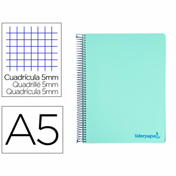 Cuaderno espiral liderpapel a5 micro wonder tapa plastico 120h 90g cuadro 5mm 5 bandas 6 taladros color verde