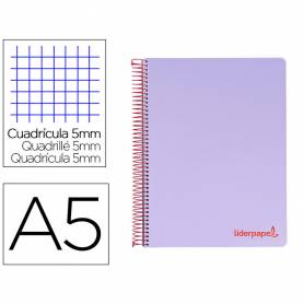 Cuaderno espiral liderpapel a5 micro wonder tapa plastico 120h 90g cuadro 5mm 5 bandas 6 taladros color violeta