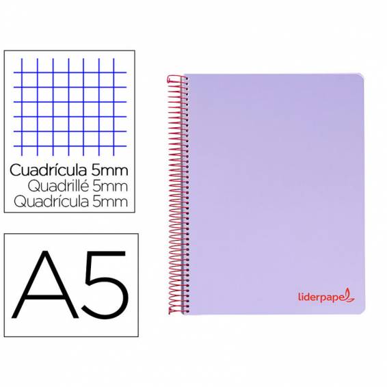 Cuaderno espiral liderpapel a5 micro wonder tapa plastico 120h 90g cuadro 5mm 5 bandas 6 taladros color violeta