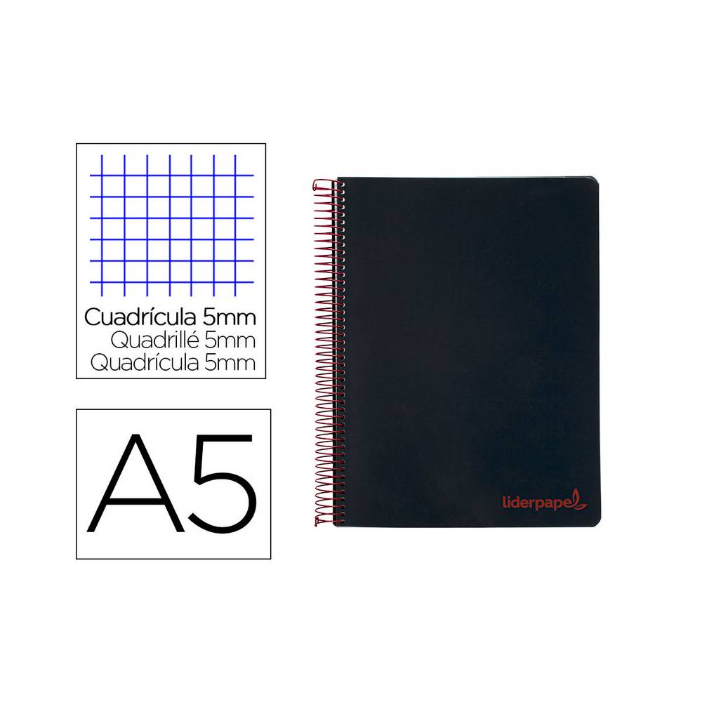 Cuaderno espiral liderpapel a5 micro wonder tapa plastico 120h 90g cuadro 5mm 5 bandas 6 taladros color negro