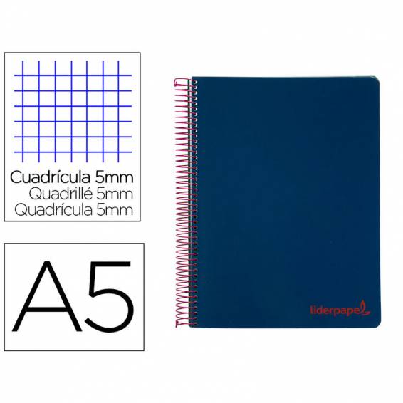 Cuaderno espiral liderpapel a5 micro wonder tapa plastico 120h 90g cuadro 5mm 5 bandas 6 taladros color azul marino