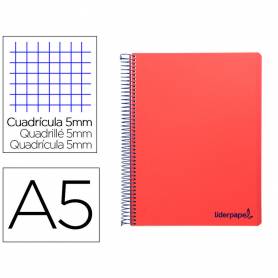 Cuaderno espiral liderpapel a5 micro wonder tapa plastico 120h 90g cuadro 5mm 5 bandas 6 taladros color rojo