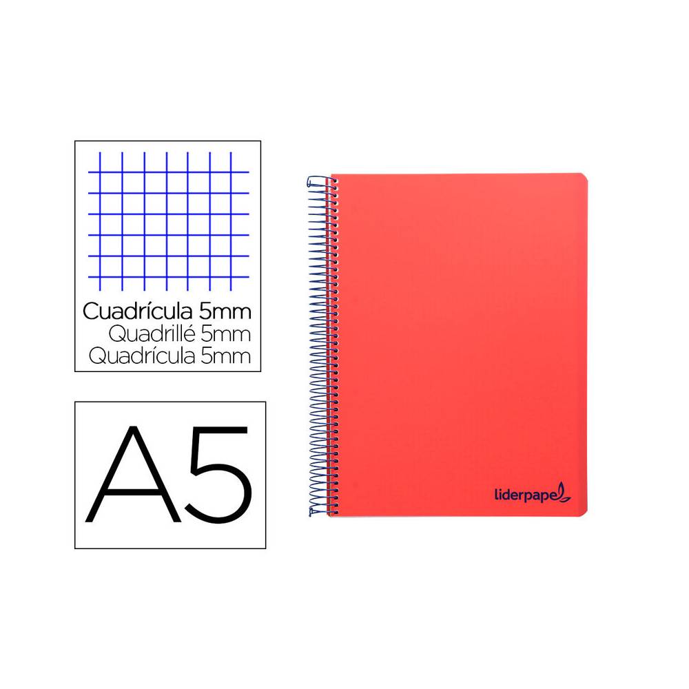 Cuaderno espiral liderpapel a5 micro wonder tapa plastico 120h 90g cuadro 5mm 5 bandas 6 taladros color rojo