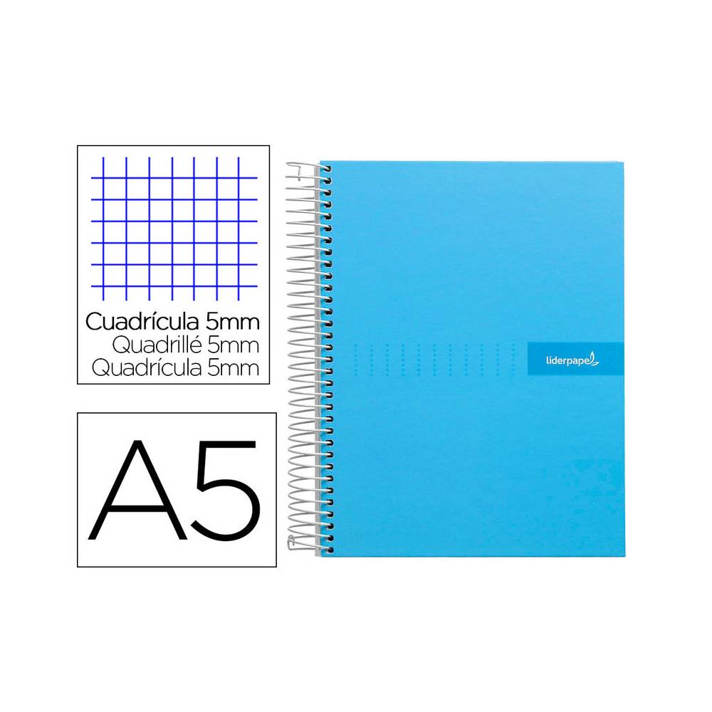 Cuaderno espiral liderpapel a5 micro crafty tapa forrada 120h 90 gr cuadro 5mm 5 bandas6 taladros color celeste