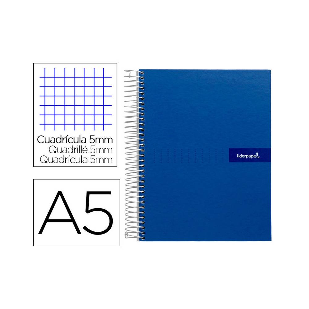 Cuaderno espiral liderpapel a5 micro crafty tapa forrada 120h 90 gr cuadro 5mm 5 bandas6 taladros color azul