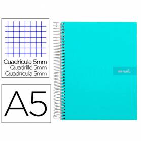 Cuaderno espiral liderpapel a5 micro crafty tapa forrada 120h 90 gr cuadro 5mm 5 bandas6 taladros color turquesa