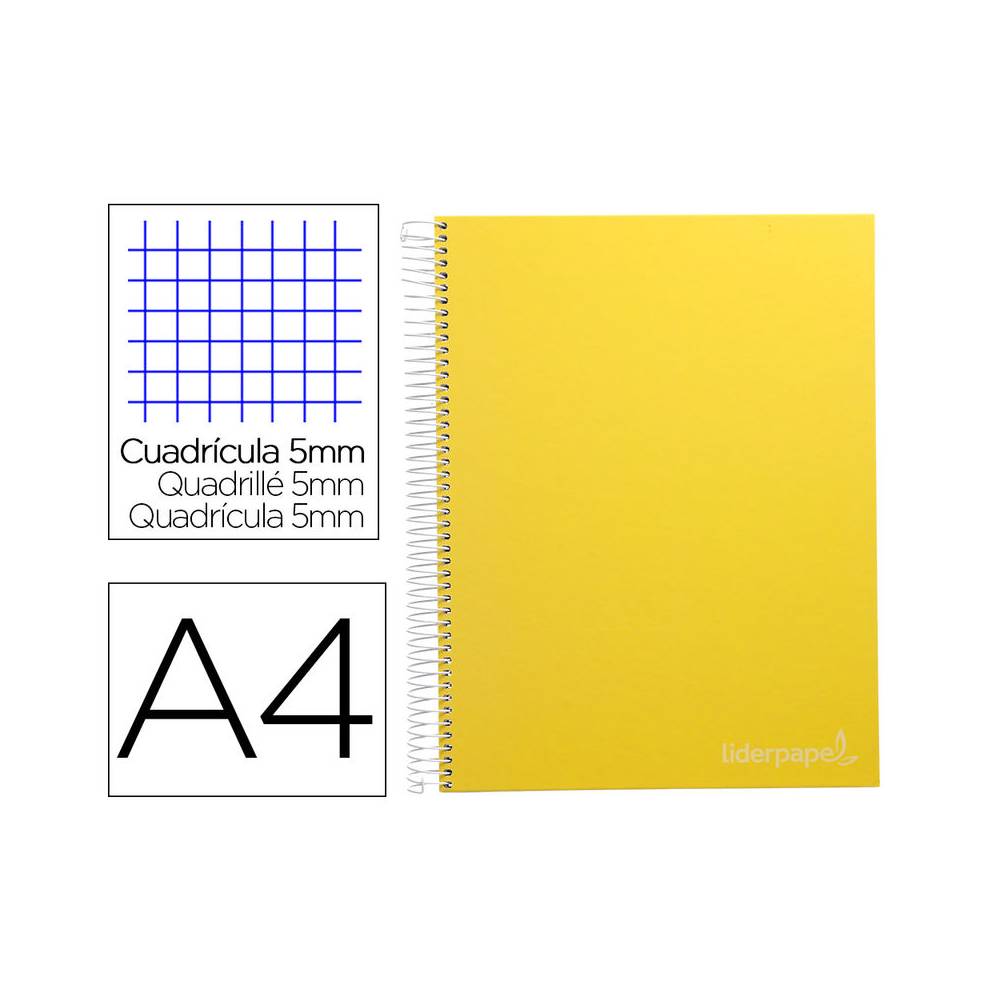 Cuaderno espiral liderpapel a4 micro jolly tapa forrada 140h 75 gr cuadro 5mm 5 bandas4 taladros color amarillo