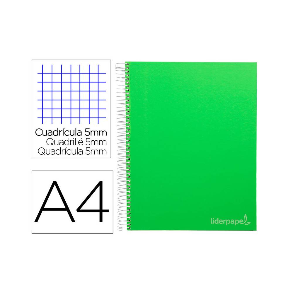 Cuaderno espiral liderpapel a4 micro jolly tapa forrada 140h 75 gr cuadro 5mm 5 bandas 4 taladros color verde