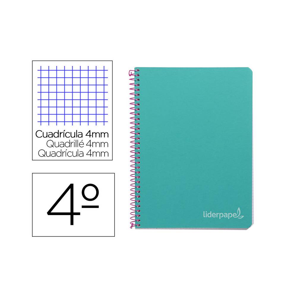 Cuaderno espiral liderpapel cuarto witty tapa dura 80h 75gr cuadro 4mm con margen color turquesa