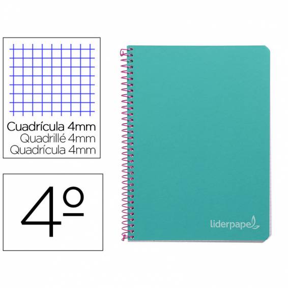 Cuaderno espiral liderpapel cuarto witty tapa dura 80h 75gr cuadro 4mm con margen color turquesa