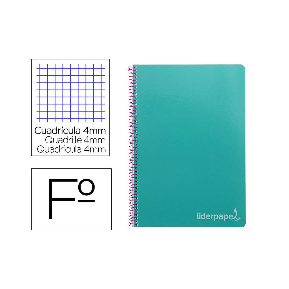 Cuaderno espiral liderpapel folio witty tapa dura 80h 75gr cuadro 4mm con margen color turquesa