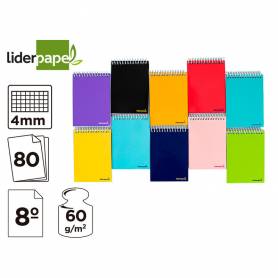 Cuaderno espiral liderpapel bolsillo octavo apaisado smart tapa blanda 80h 60gr cuadro 4mm colores surtidos